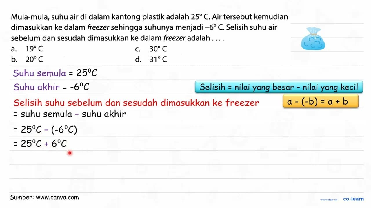 Mula-mula, suhu air di dalam kantong plastik adalah 25 C .