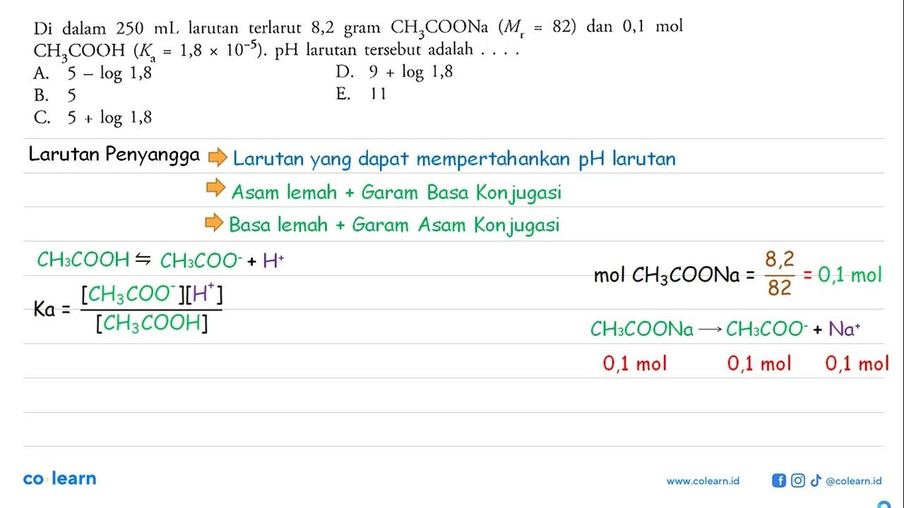 Di dalam 250 mL larutan terlarut 8,2 gram CH3COONa (Mr =