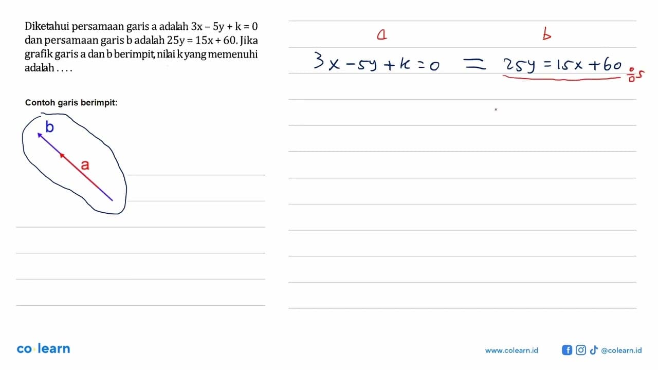 Diketahui persamaan garis a adalah 3x-5y+k=0 dan persamaan