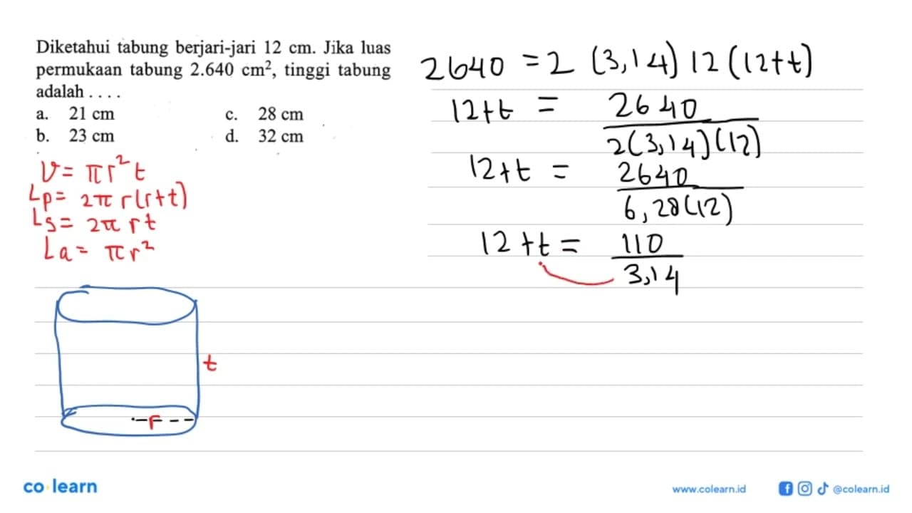 Diketahui tabung berjari-jari 12 cm. Jika luas permukaan