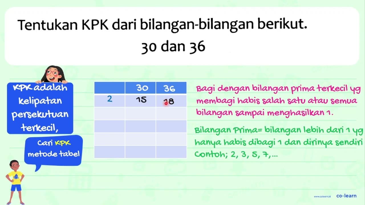 Tentukan KPK dari bilangan-bilangan berikut. 30 { dan ) 36