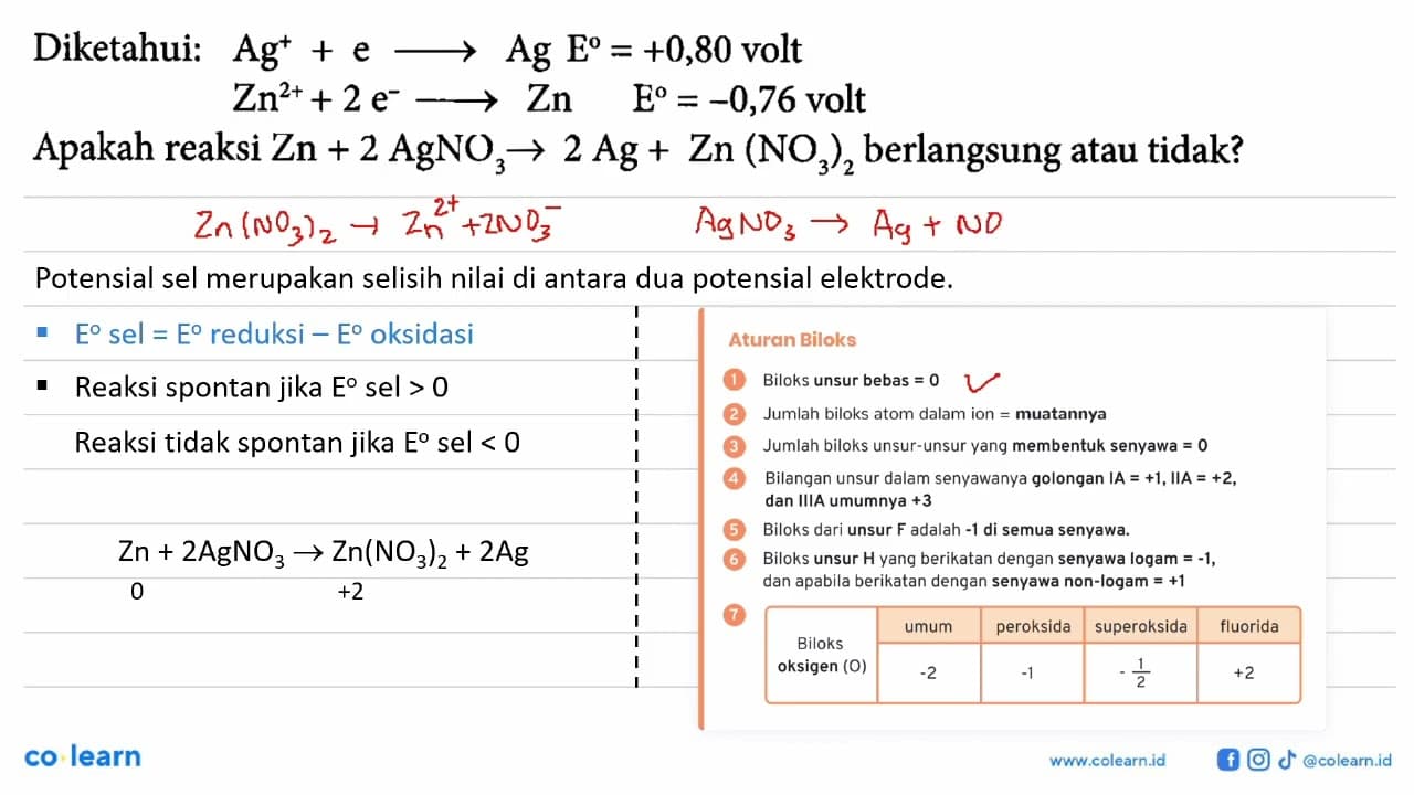 Diketahui: Ag^+ + e -> Ag E = +0,80 volt Zn^(2+) + 2 e^- ->