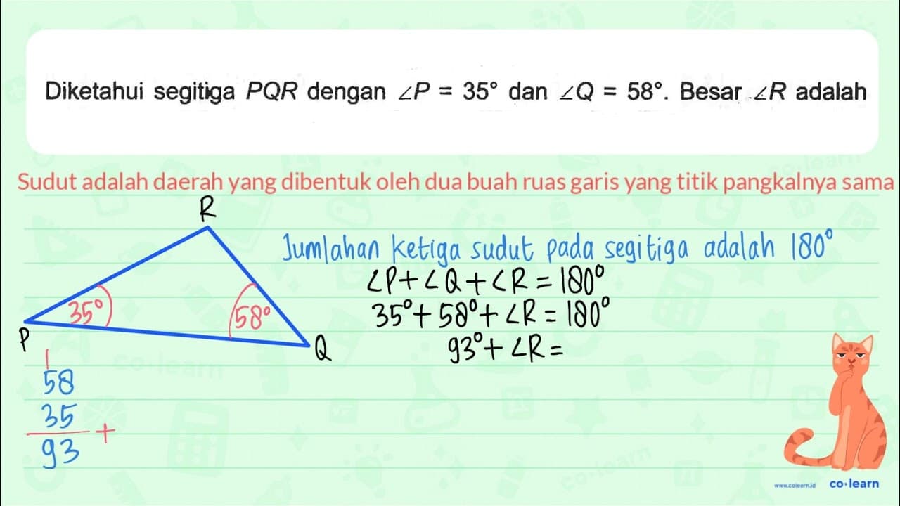 Diketahui segitiga P Q R dengan sudut P=35 dan sudut Q=58 .