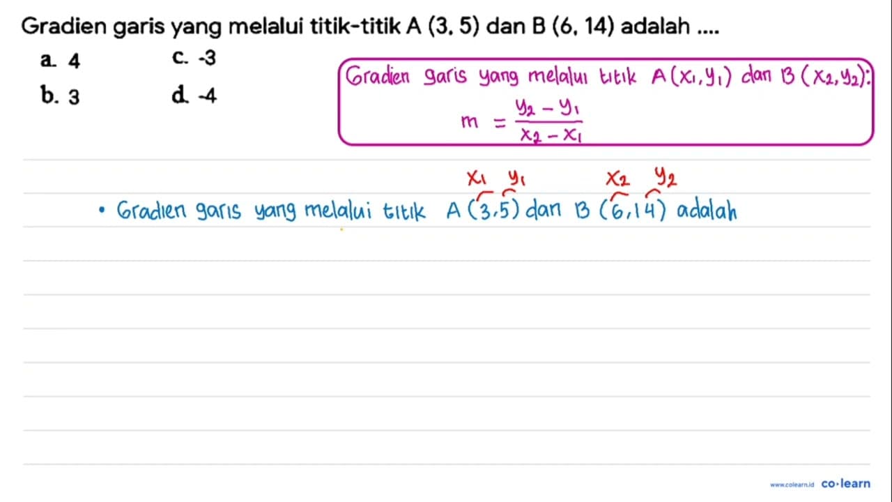 Gradien garis yang melalui titik-titik A(3.5) dan B(6,14)