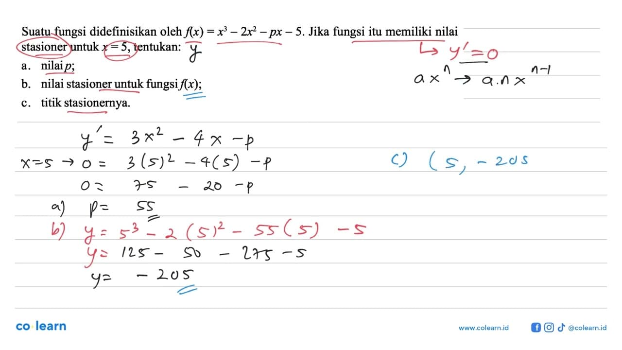 Suatu fungsi didefinisikan oleh f(x)=x^3-2x^2-px-5.Jika