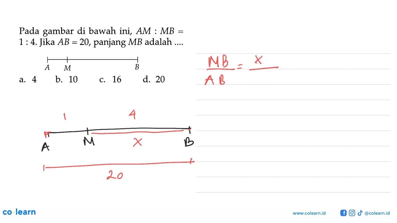 Pada gambar di bawah ini, AM:MB=1:4. Jika AB=20 , panjang