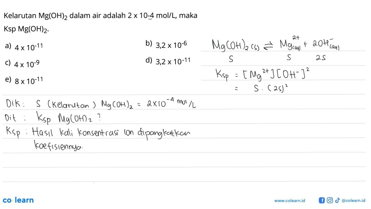 Kelarutan Mg(OH)2 dalam air adalah 2 x 10^(-4) mol/L, maka