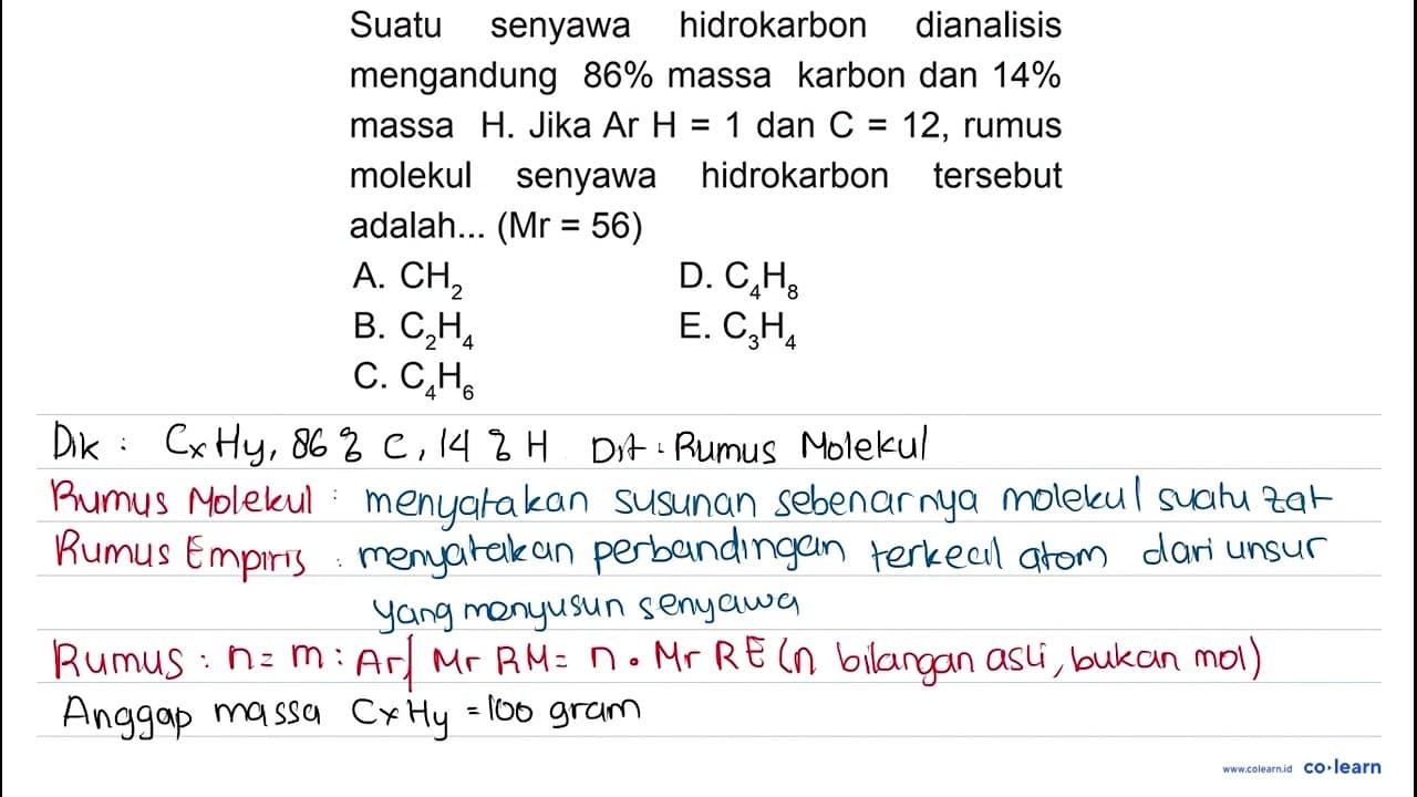 Suatu senyawa hidrokarbon dianalisis mengandung 86 % massa