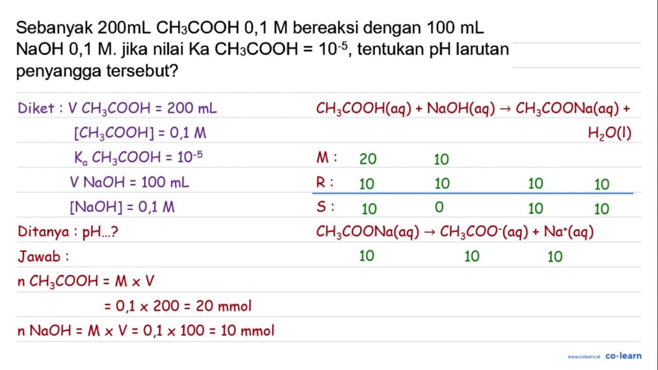 Sebanyak 200 ~mL CH_(3) COOH 0,1 M bereaksi dengan 100 ~mL