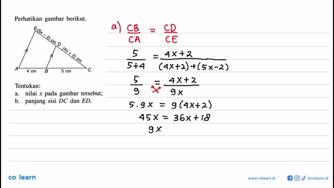 Perhatikan gambar berikut. E (5x-2) cm D (4x+2) cm A 4 cm B