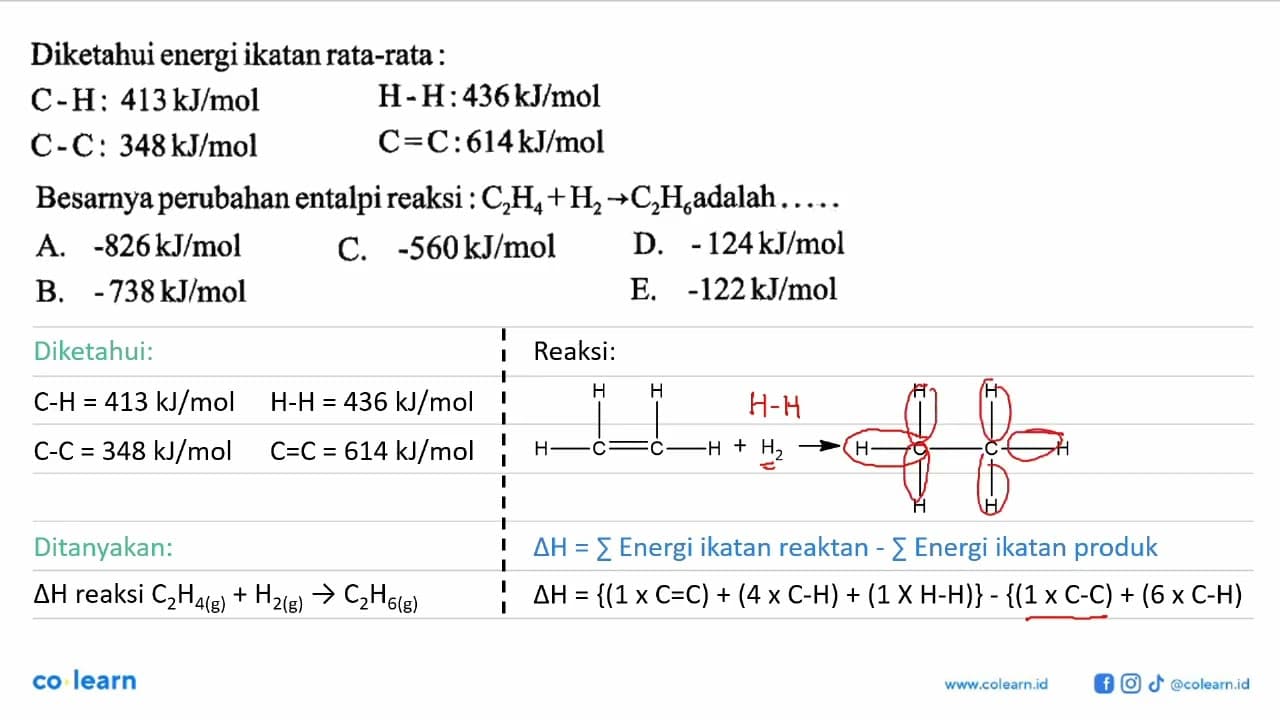 Diketahui energi ikatan rata-rata : C-H: 413 kJ/mol H-H: