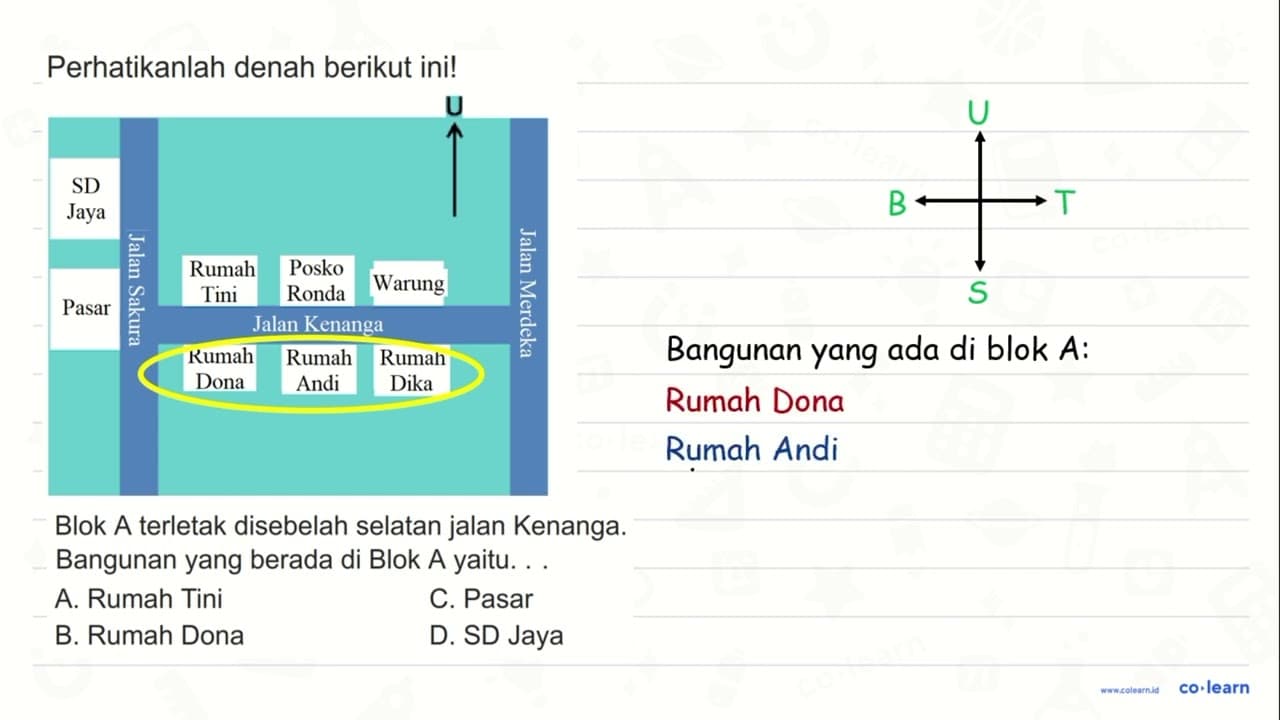 Perhatikanlah denah berikut ini! Blok A terletak disebelah