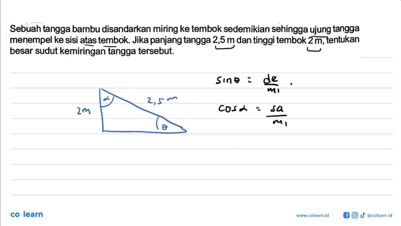 Sebuah tangga bambu disandarkan miring ke tembok sedemikian