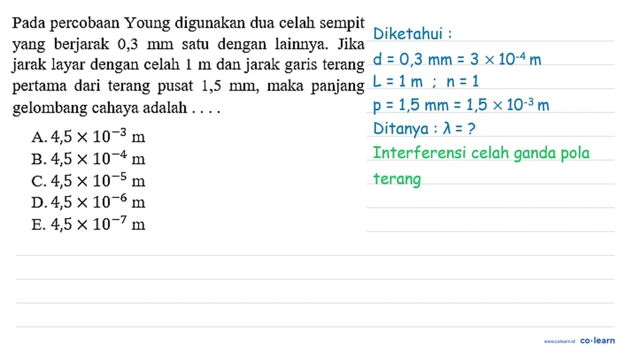 Pada percobaan Young digunakan dua celah sempit yang