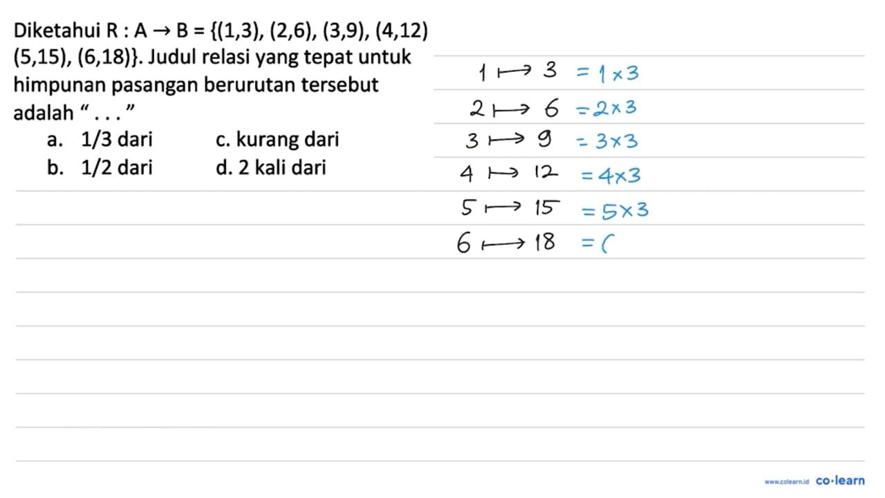 Diketahui R: A -> B={(1,3),(2,6),(3,9),(4,12)