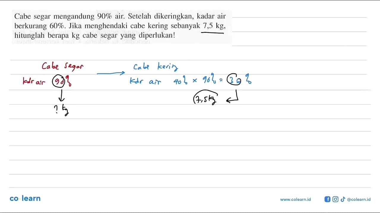 Cabe segar mengandung 90% air. Setelah dikeringkan, kadar