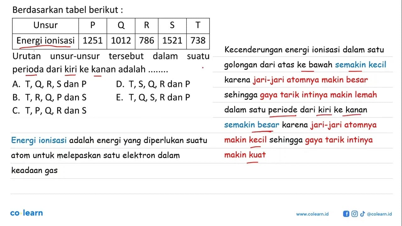 Berdasarkan tabel berikut : Unsur P Q R S T Energi ionisasi