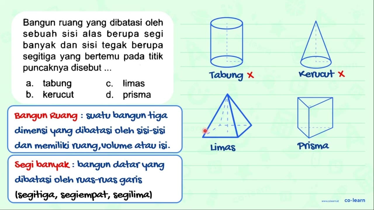 Bangun ruang yang dibatasi oleh sebuah sisi alas berupa