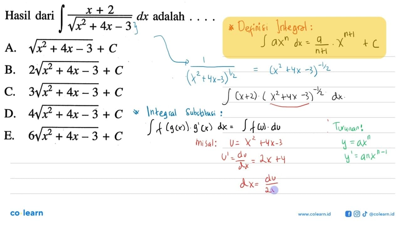 Hasil dari integral x+2/akar(x^2+4x-3)dx adalah ....