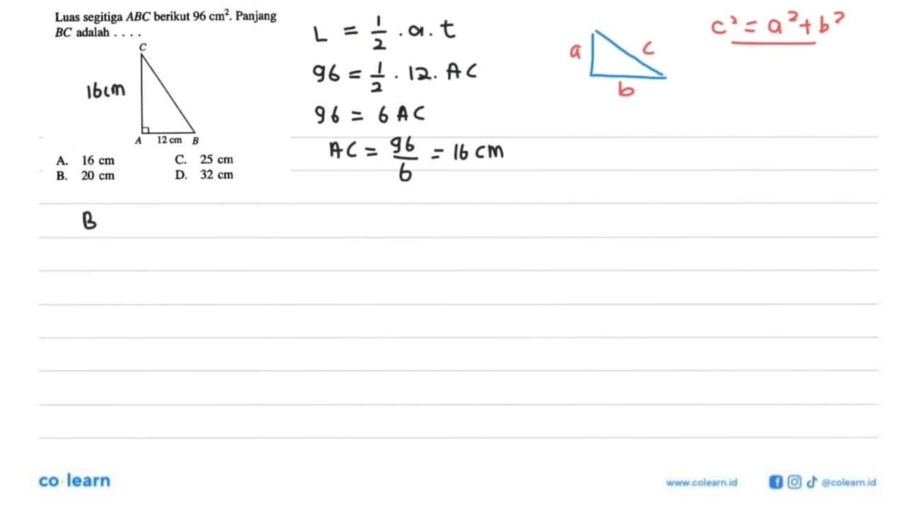 Luas segitiga ABC berikut 96 cm^2. Panjang BC adalah ...