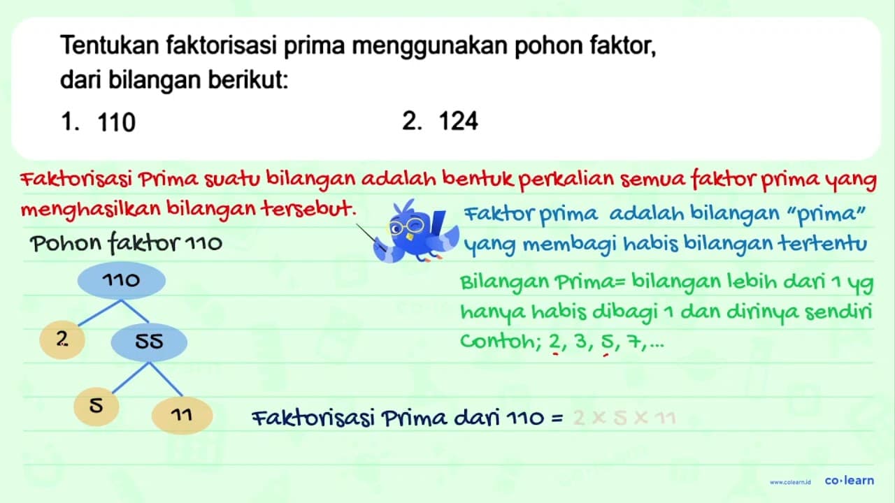 Tentukan faktorisasi prima menggunakan pohon faktor, dari