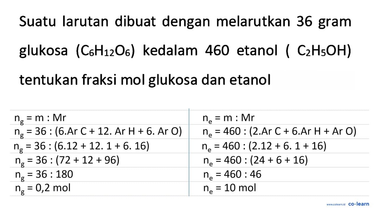 Suatu larutan dibuat dengan melarutkan 36 gram glukosa