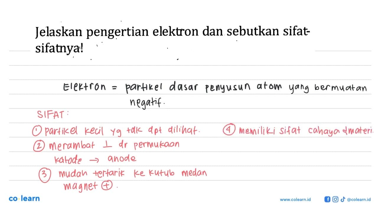 Jelaskan pengertian elektron dan sebutkan sifat-sifatnya!