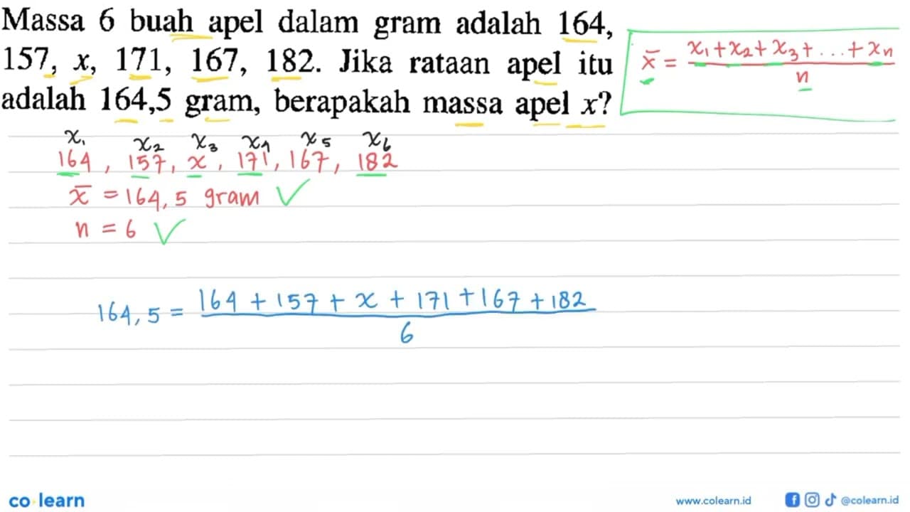 Massa 6 buah apel dalam adalah 164, gram 171, 167, 157