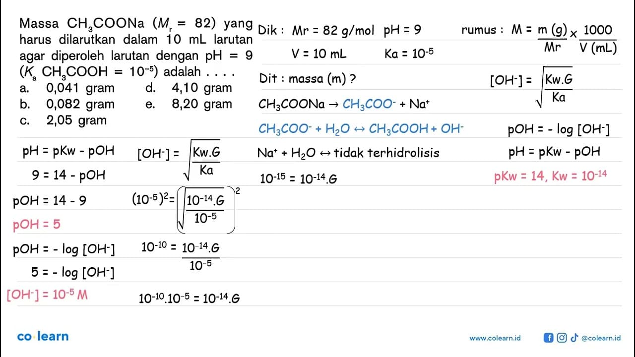 Massa CH3COONa(Mr=82) yang harus dilarutkan dalam 10 mL