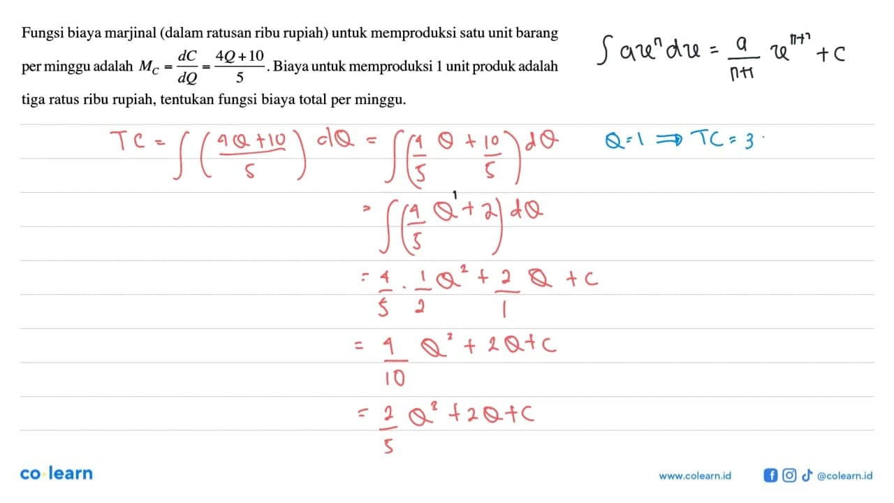 Fungsi biaya marjinal (dalam ratusan ribu rupiah) untuk