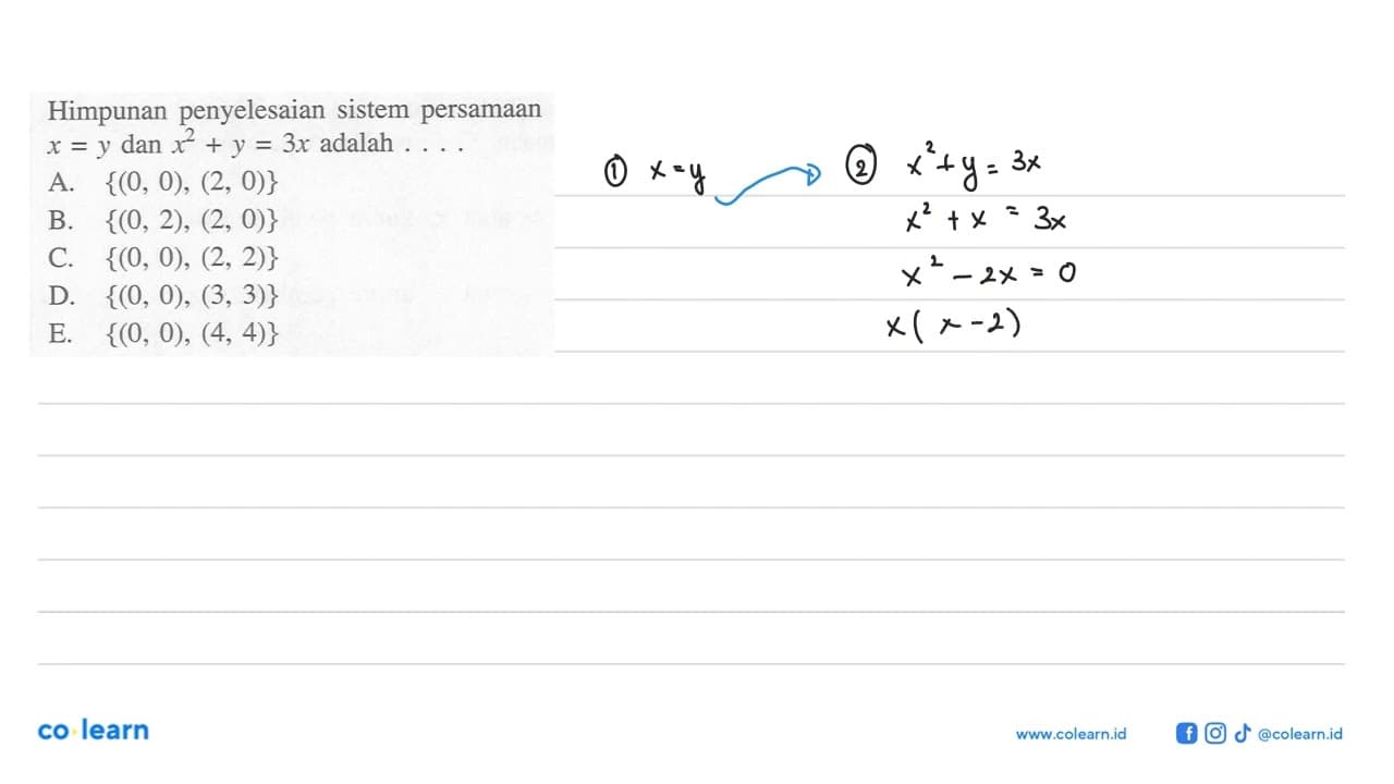 Himpunan penyelesaian sistem persamaan x = y dan x^2 dan