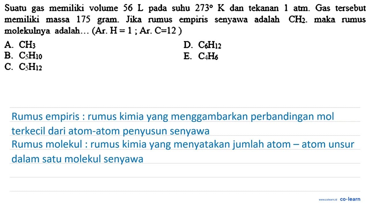 Suatu gas memiliki volume 56 ~L pada suhu 273 K dan tekanan