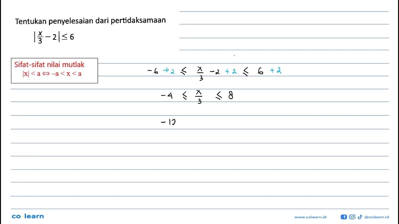 Tentukan penvelesaian dari pertidaksamaan |x/3-2|<=6