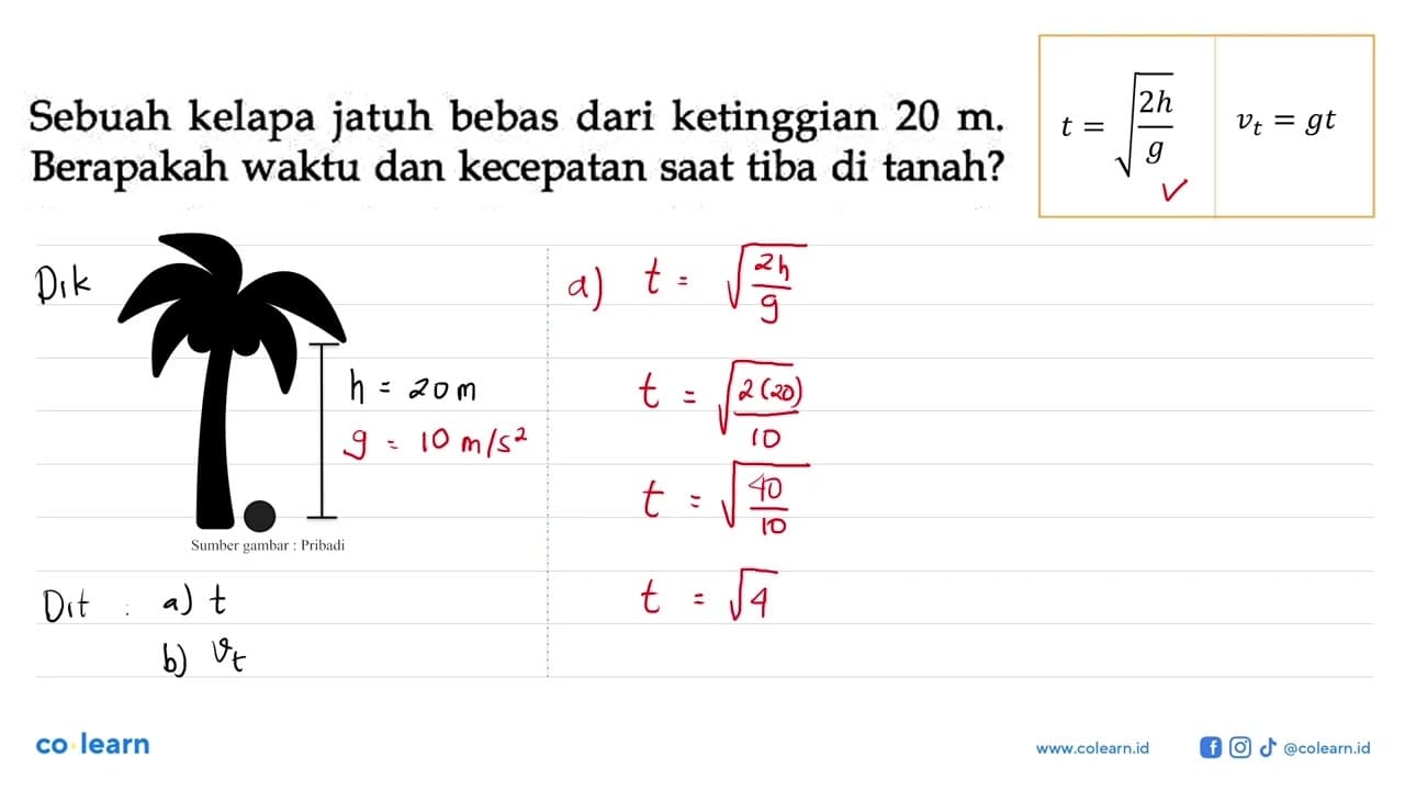 Sebuah kelapa jatuh bebas dari ketinggian 20 m. Berapakah