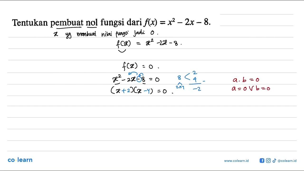 Tentukan pembuat nol fungsi dari f(x) = x^2 - 2x - 8.