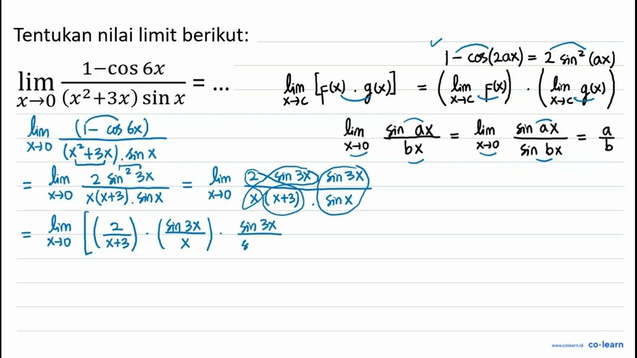 limit x->0 (1-cos (6x))/((x^2+3x)sin x) =