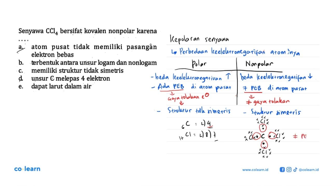 Senyawa CCl4 bersifat kovalen nonpolar karena .... a. atom