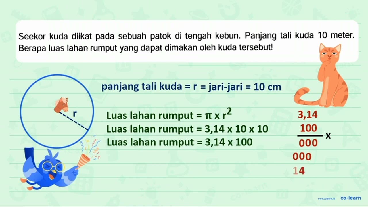 Seekor kuda diikat pada sebuah patok di tengah kebun.