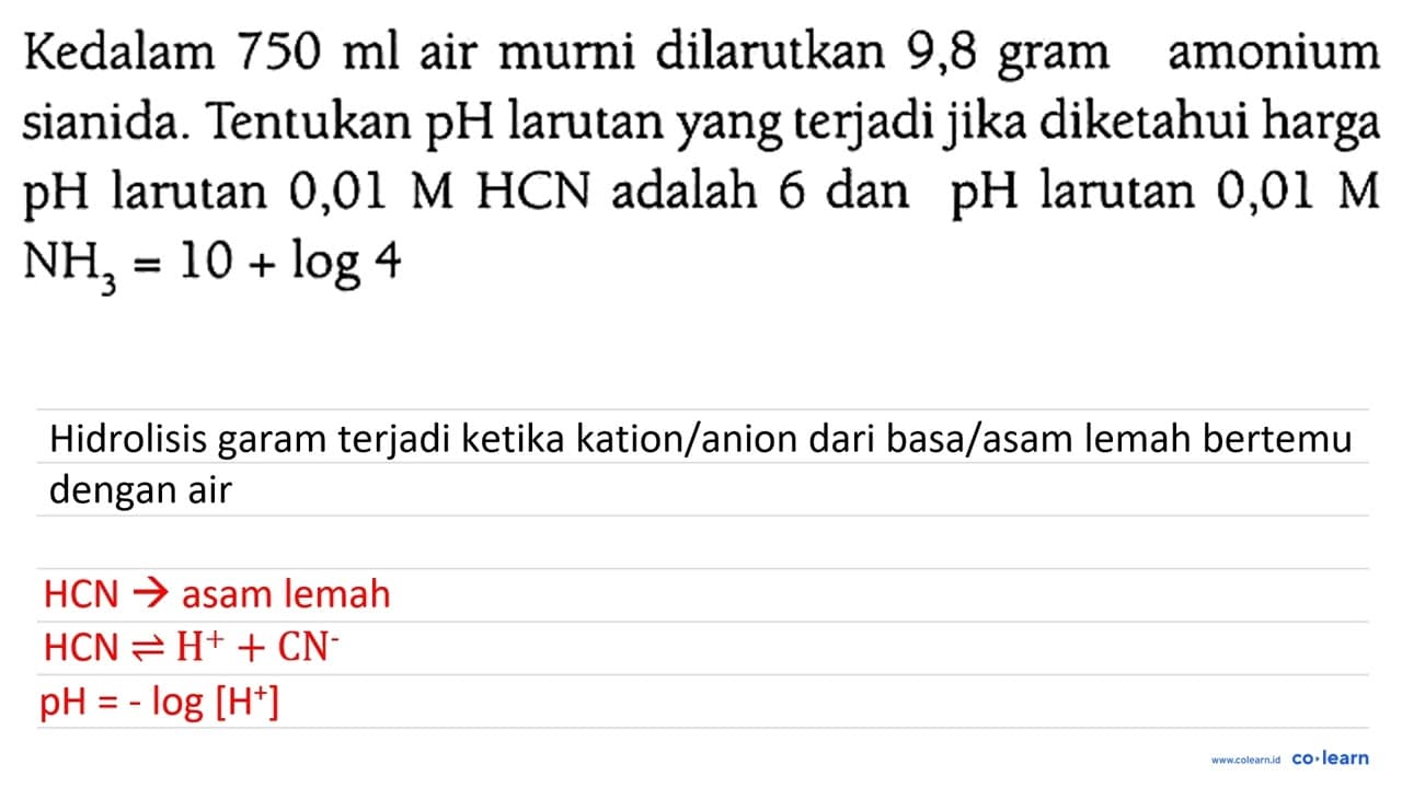 Kedalam 750 ml air murni dilarutkan 9,8 gram amonium