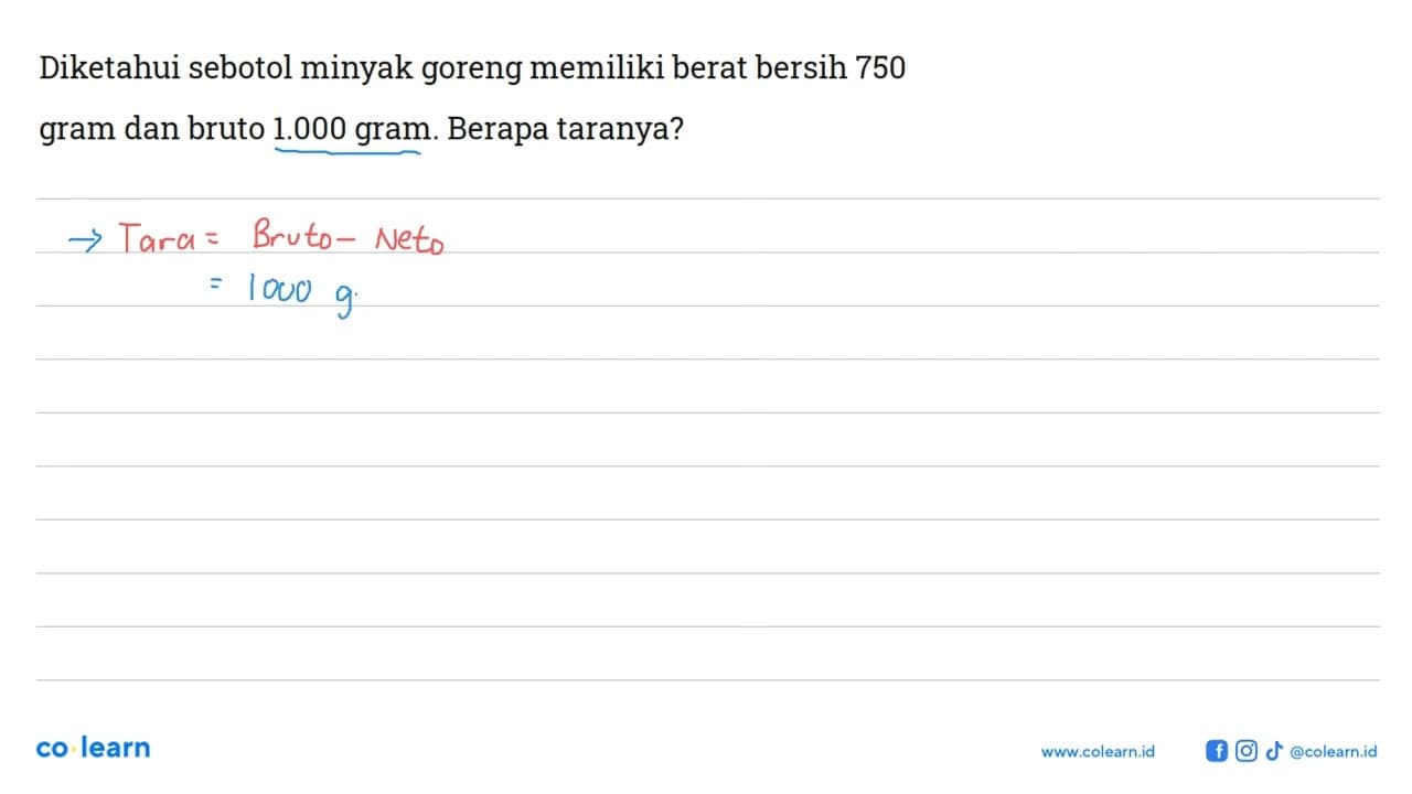 Diketahui sebotol minyak goreng memiliki berat bersih 750