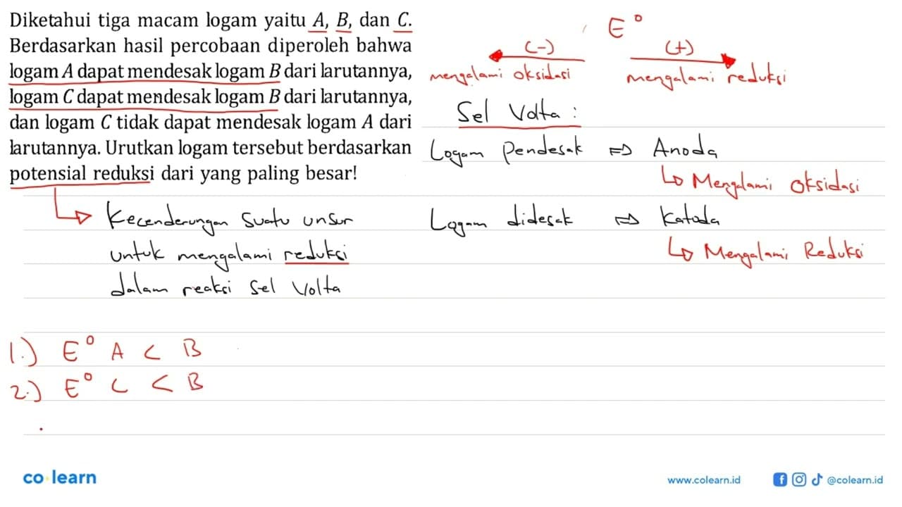 Diketahui tiga macam logam yaitu A, B, dan C. Berdasarkan