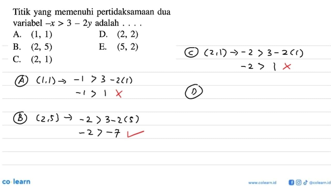 Titik yang memenuhi pertidaksamaan dua variabel -x>3-2y