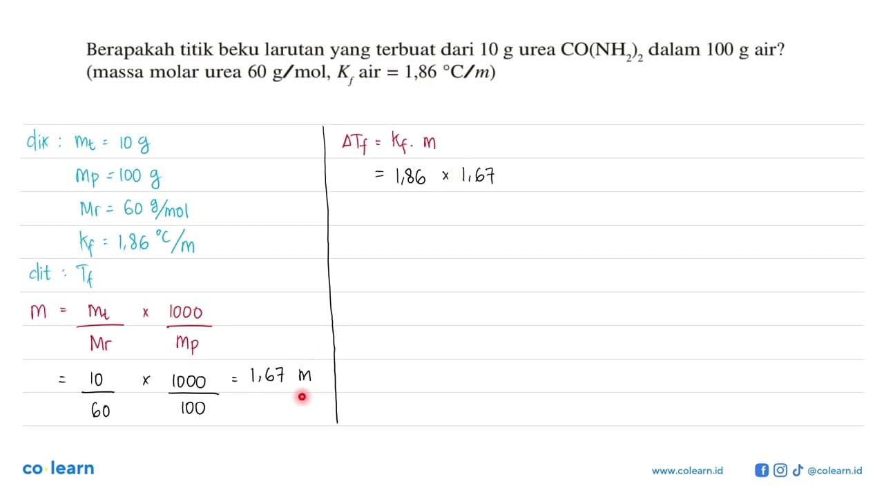 Berapakah titik beku larutan yang terbuat dari 10 g urea