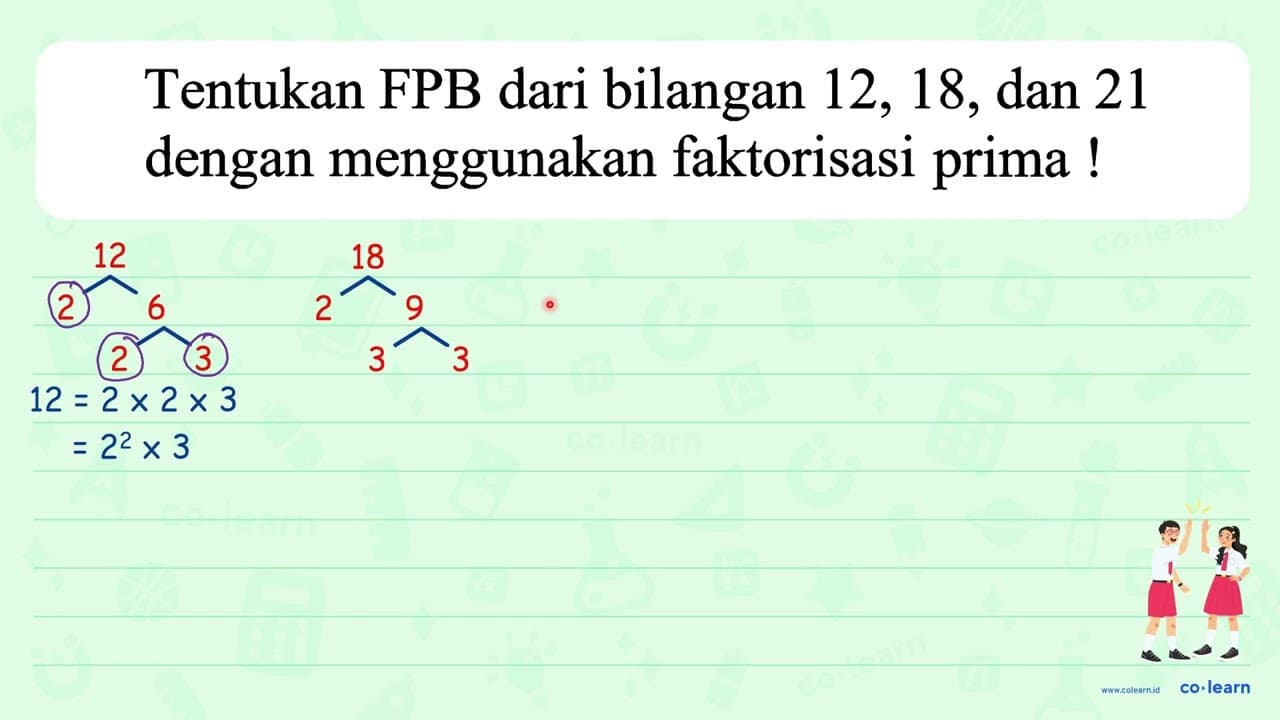 Tentukan FPB dari bilangan 12,18, dan 21 dengan menggunakan