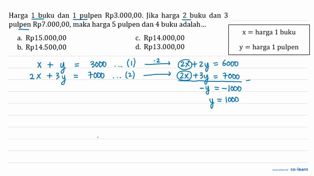 Harga 1 buku dan 1 pulpen Rp3.000,00. Jika harga 2 buku dan