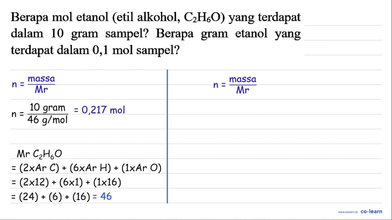 Berapa mol etanol (etil alkohol, C_(2) H_(6) O ) yang