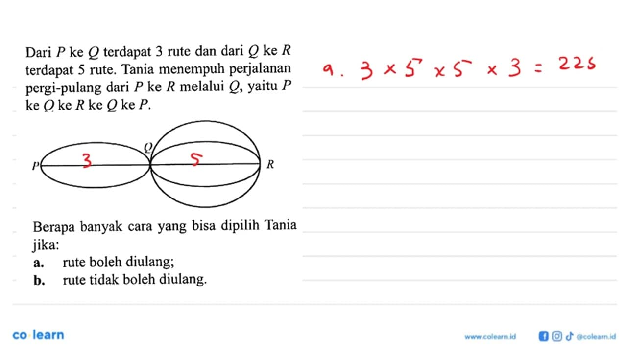 Dari P ke Q terdapat 3 rute dan dari Q ke R terdapat 5