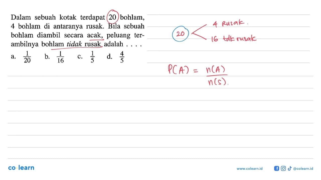 Dalam sebuah kotak terdapat 20 bohlam, 4 bohlam di