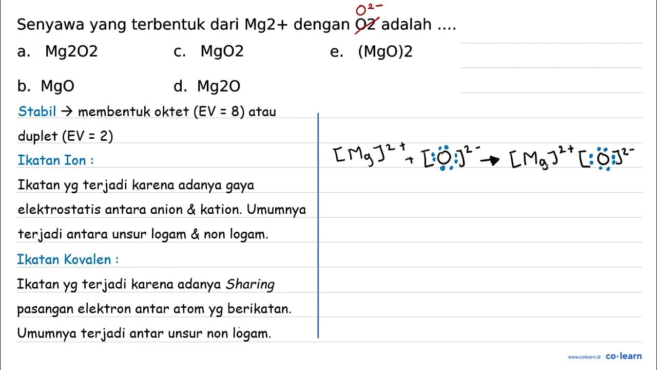 Senyawa yang terbentuk dari Mg2 + dengan O 2 adalah .... a.