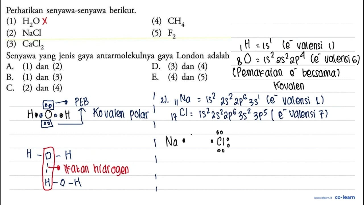 Perhatikan senyawa-senyawa berikut.(1) H2O (4) CH4 (2) NaCl